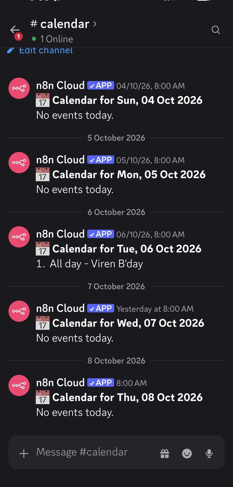 Daily calendar posts in the Discord calendar channel