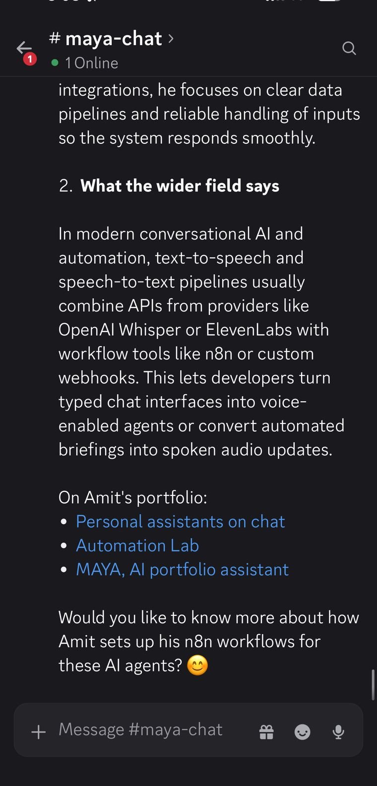 MAYA reply with portfolio links in the Discord maya-chat channel
