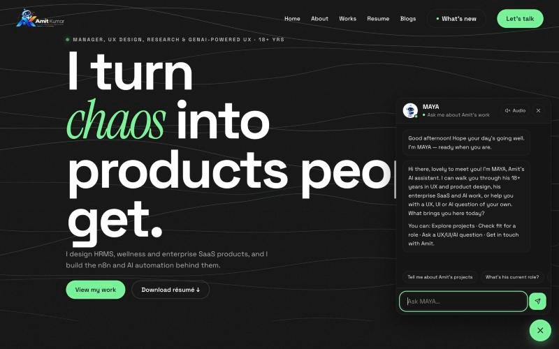 MAYA chat window open on the portfolio home page