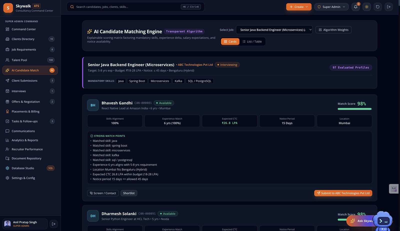 AI Candidate Matching Engine showing a match score with skills, experience, CTC and notice period checks and a list of strong match points