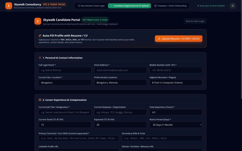 Skywalk candidate portal with resume upload and profile form
